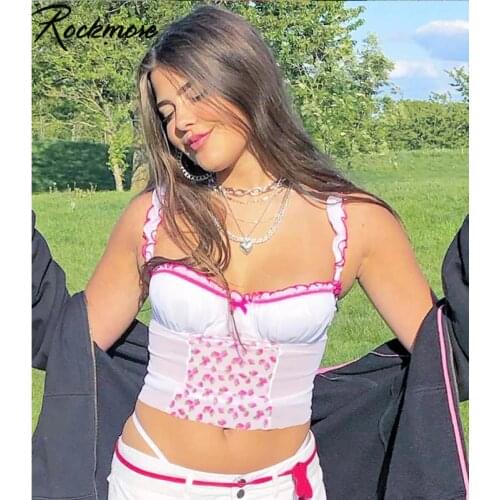 Rockmore Mesh Patchwork Bow Spaghetti Strap Strawberry Print Camis Deep V Neck Sexy Summer Crop Tank Tops Casual Nightclub Party