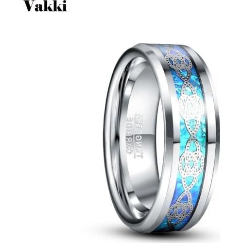 VAKKI Blue Opal Men Tungsten Ring with Silver Color Knot Groove Anillo Hombre Men Wedding Jewellery