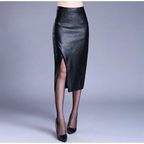 Women PU Faux Leather Skirt 2019 Autumn High Waist Slim Party Split Sexy Bag Hip Skirt Casual A-line Bodycon Midi Skirts R265