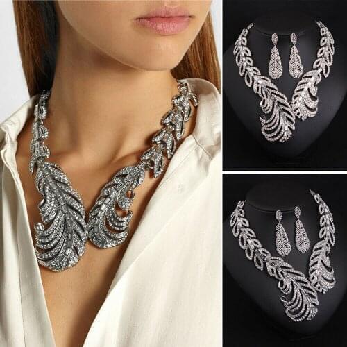 Women Elegant Rhinestone Jewelry Sets Statement Bib Choker Crystal Necklace Earrings Bridal Wedding Accessories Feather Shaped