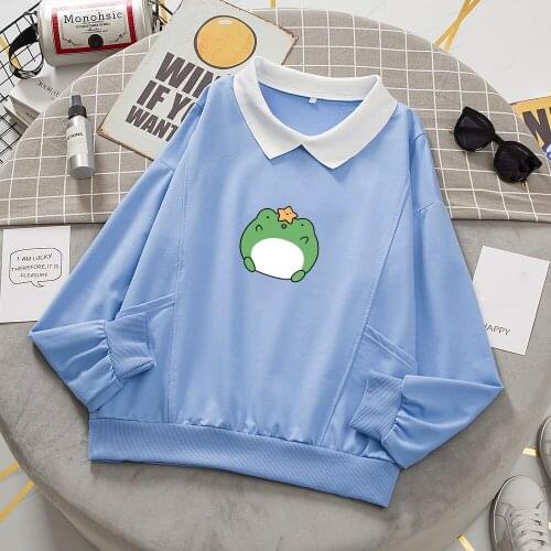 Kawaii Frog Sweatshirt for Women Pullover Cotton Cartoon Harajuku Hoodie Long Sleeve Hooded Casual Losse Tops Chic Kpop Clothes