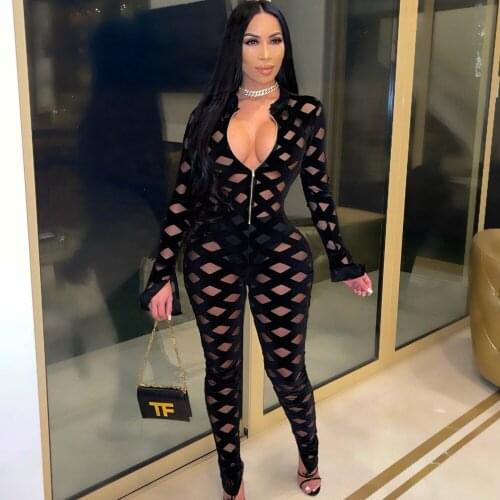 Summer Zipper Up Women Sexy Jumpsuit Streetwear Long Sleeve Bodycon Mesh Jumpsuits Geometric Splicing Overalls For Women