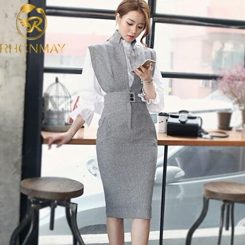 Women 2 Piece Set Dress New 2020 Summer White Ruffles Stand Collar Blouse Top + Gray Sleeveless Notched Collar Pencil Skirt Set