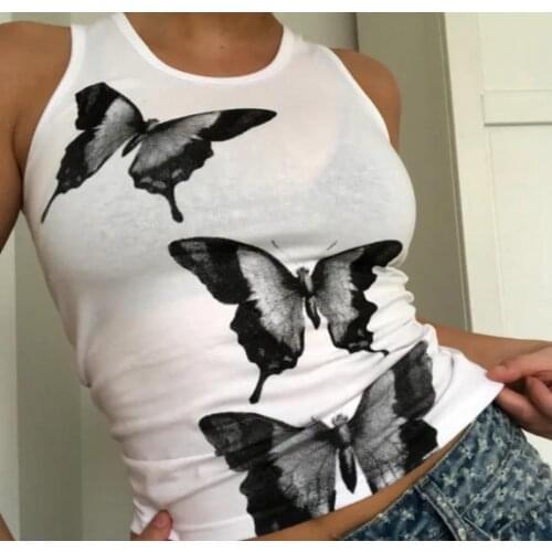 2021 Summer Women’s Fashion Butterfly Printing Vest Top Casual Round Neck Exposed Navel Sleeveless Tops Stylish Women Crop Top