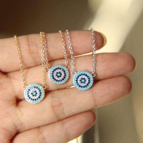 100% 925 Sterling Silver Necklace For Women Wedding Evil Turkish Eye Blue Turquoises CZ Paved Round Coil Pendant Boho Necklace