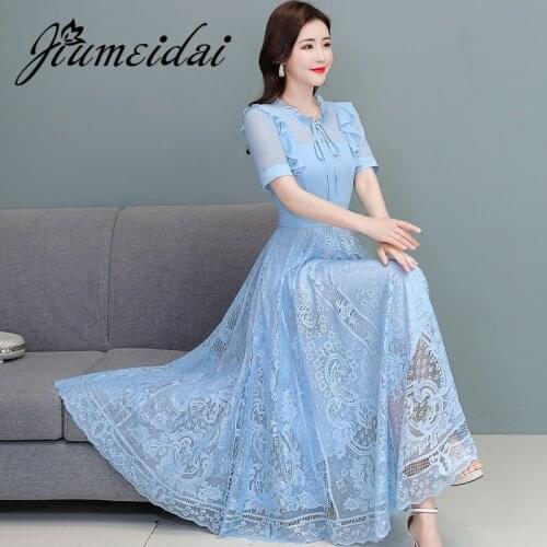 JiuMeiDai 2021 Women Summer Elegant A-Line Sexy Dress Office Lady Chiffon Lace Robe Femme Vintage Designer Casual Party Clothing