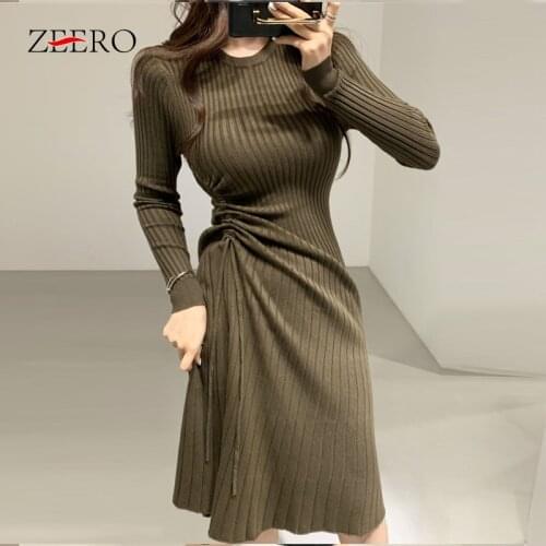 2020 Autumn Winter Female Black Slim Knitted Sweater Dress Women Casual Bottoming Elasticity Lace Up Drawstring Midi Dresses