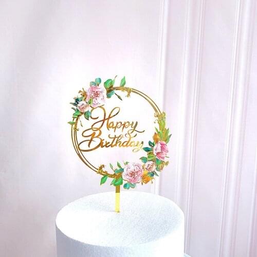 1PCS Colored Flowers Happy Birthday Cake Topper Golden Acrylic Birthday Party Dessert Decoration For Baby Shower Baking Supplies