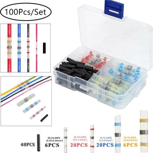 100PCS Assortment Seal Heat Shrink Waterproof Insulation Soldering Tube Cable Crimp Wire Connectors Kit AWG10-22