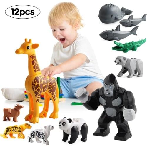 12pcs/pack Animal Building Block Sets Panther Snow Leopard Crocodile Tiger Animal Cow Cattle Horse Wolf Model Bricks Kits Toys