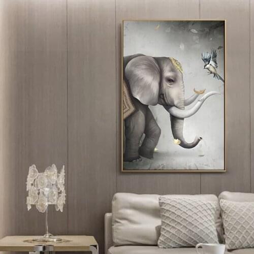 Abstract Lucky Elephant And Flying Bird Canvas Poster Print Wall Art Pictures For Living Room Kids Aisle Studio Home Decoration