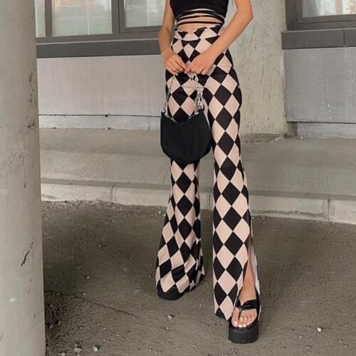 Plaid Print Flare Pant Casual Fashion Streetwear High Waist Trouser 2021 Wide Leg Split Bodycon Elastic Waist Elegant Women Pant