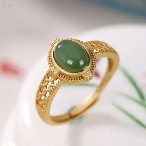 S925 Sterling Silver High-End Jasper Ring Natural Hetian Jade Gray Jade Jade Ring Simple Temperament Palace Ornament