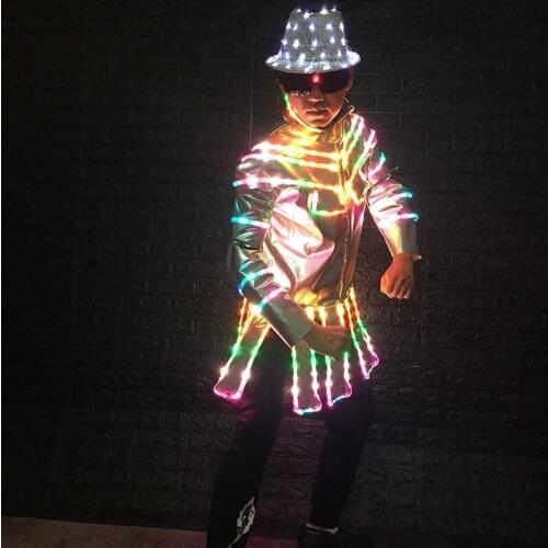 M20 Colorful light jacket men luminous led costumes stage performance show outfits clothe glowing led hats bar wears robot suit