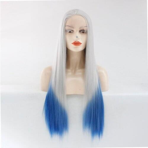 Charming Glueless Lace Front Wigs Grey Silky Straight Ombre Silver Gray Blue Hair Wig Cheap Party Synthetic Wigs for black women
