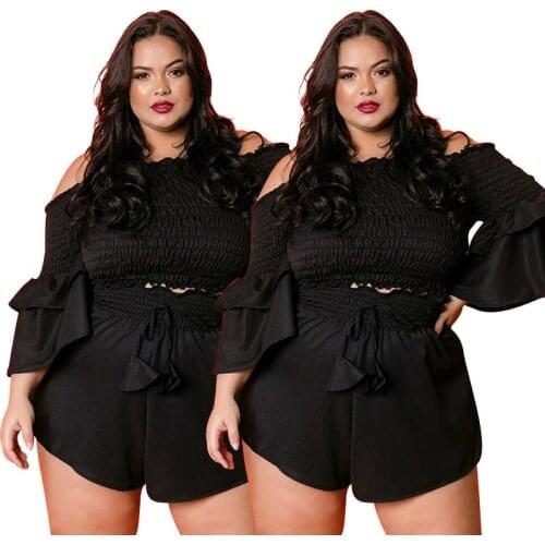 Charming Women Plus Size Solid Two Piece Sets Fashion Slash Neck Butterfly Sleeve Crop Tops Lace-up Mini Shorts Sexy Outfits