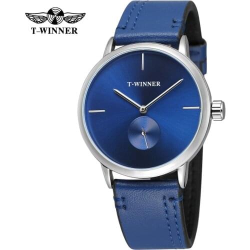 T-WINNER wrist watch fashion simple mens watch fashion blue leather strap automatic mechanical watch