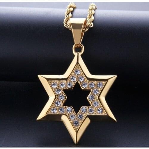 Hip Hop Bling Iced Out Rhinestone Gold Jewish Star of David Pendant Necklace for Men Rapper Jewelry