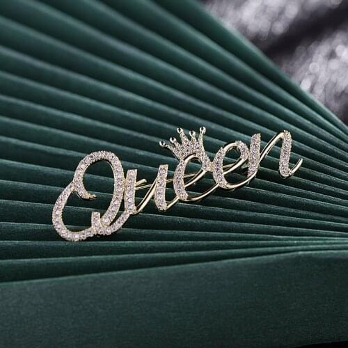 Korean Queen Letter Brooch Female Fashion Shiny Zircon Crystal Clothes Accessories Crown Cute Pin Factory Wholesale Girl Gift