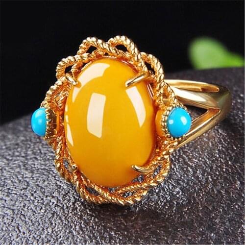 Vintage National Style Yellow Gem Ring Luxury Gold Plated Natural Beeswax Stone Wedding Ring Engagement Jewelry Anniversary Gift