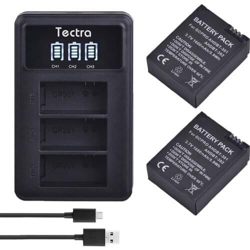 2Pcs AHDBT-301 AHDBT-302 Battery for gopro hero3 battery+LED 3Slots USB Charger for Gopro 3 Battery GoPro HERO3+,HERO3