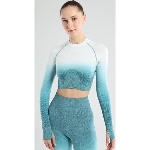 Running stretch womens long-sleeved T-shirt workout clothes tights yoga clothes training sports gradient color