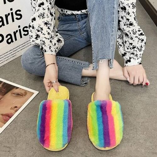 2021 New Fashion Mixed Colors Winter slippers For Woman Home Slippers Faux Fur Colorful Flat Heel Rainbow Shoes Size 36-41