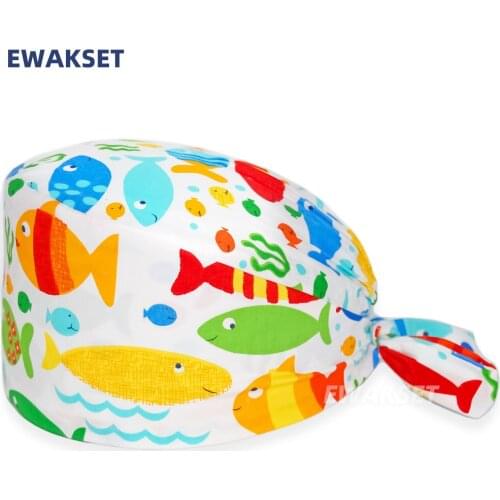 Woman and men scrubs hat Cartoon ocean fish pattern printing vet cap With sweat towel scrubs cap Dental specialist work cap