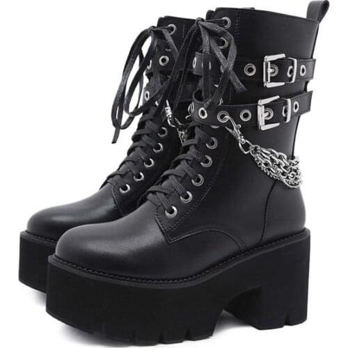 Brand New Big Size 42 PU Leather Gothic Black Motorcycles Boots Women Chains Chunky Heel Platform Shoes Punk Street Footwear