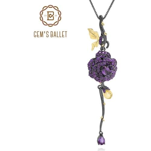 GEMS BALLET Black & 18k Gold Over 925 Silver Two Tone Handmade Rose Flower Natural Amethyst Gemstone Pendant Necklace For Women