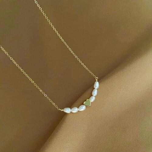 Minar Luxury Natural Freshwater Pearls Pendant Necklaces for Women Gold Color Love Heart Titanium Steel Choker Necklace Gifts