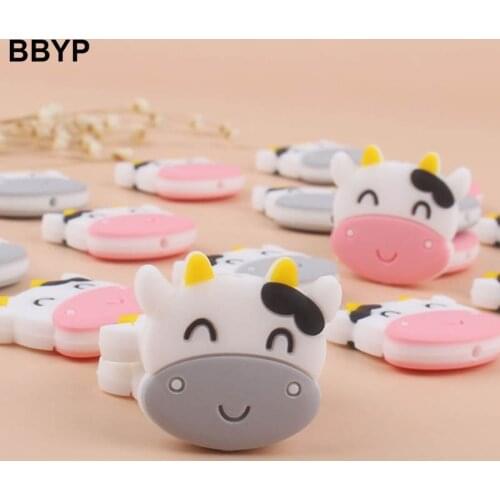 2Pcs DIY Baby Teether Silicone Beads Cartoon Animal Cows Molar Soother Nursing Teething Chewing Toy Shower Gifts for Newborn