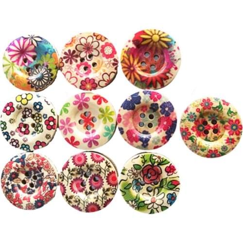 20PCS/Lot 30mm 4 Holes Mixed Colorful Flower Pattern Buttons Wooden Buttons DIY Clothing Handcraft Scrapbooking Supplies WD0330