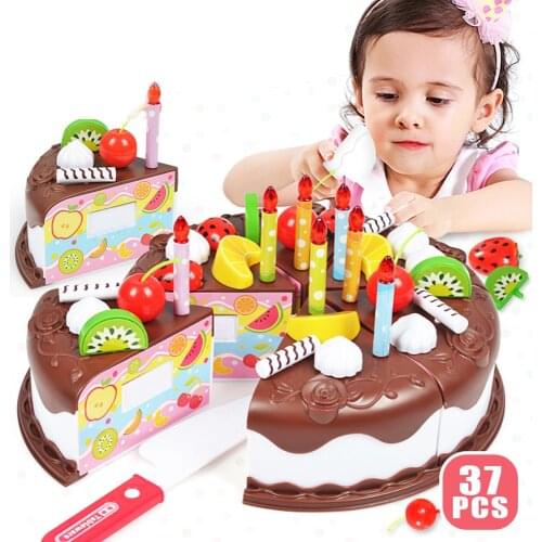 37PCS Cutting Birthday Cake Kitchen Toys Kids Pretend Play Miniature Food Toys for Dolls Role Play Game for Children Gifts