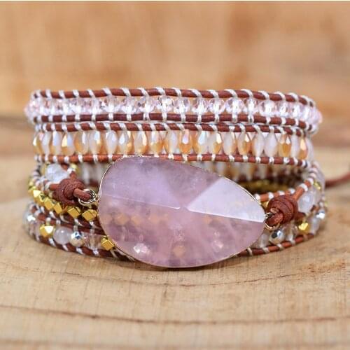 2021 New Natural Stones pink Crystal Charm 5 Strands Wrap Bracelets Handmade Boho style for women Leather Bracelet gift jewelry