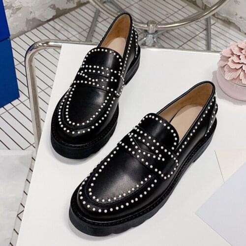 Spring Autumn Classic Preppy Style Female Loafers Slip-on Casual Womens Black Pumps Thick Sole Brand Designer Leather Shoes