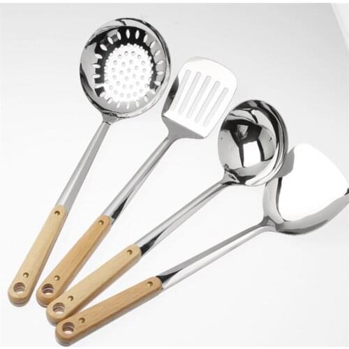 Wooden Handle Wok Spatula 304 Stainless steel spatula cooking Utensils spoon long handle Large Size turner Fried Steak Shovel