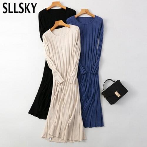 SLLSKY Long Sleeve Long Sweater Dress Women Autumn Winter Thick A-line Dress Fashion Slim Female Jumper Female Knitted Dress