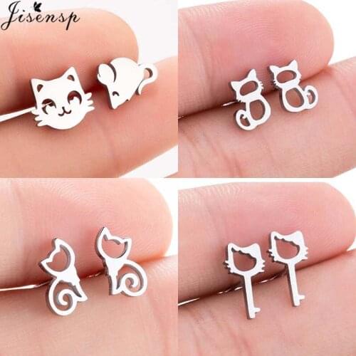 Jisensp Trendy Stainless Steel Kitty Earrings Lovely Cat Stud Earrings Statement Jewelry for Women Girls Party Birthday Gift