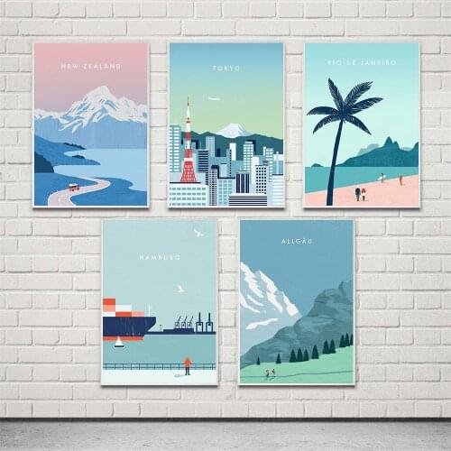 HD Print Painting Cartoon City View Mountain Home Decor Canvas Blue Poster Modular Pictures Modern Living Room Frame Wall Art