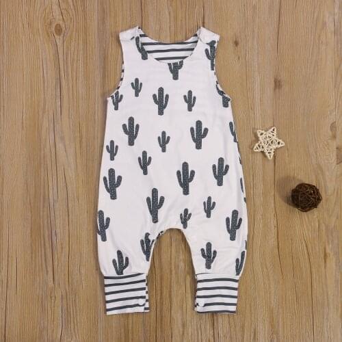 Pudcoco Newborn Baby Clothes 2021 Summer Romper Baby Sleeveless Cactus Print U-shaped Neck Playsuit (White) 0-24M