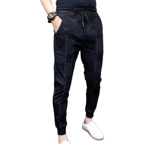 Summer youth grid mens drawstring Ankle Length pants size 28-36 fashion casual men pants cotton and spandex fabric