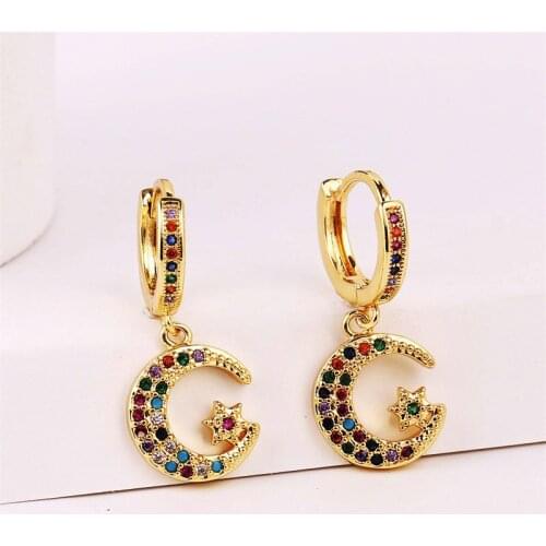 Fashion Multicolor CZ Zircon Cubic Zirconia Hoop Earrings For Women Trendy Gold Color Copper Metal Star Moon Hanging Earring
