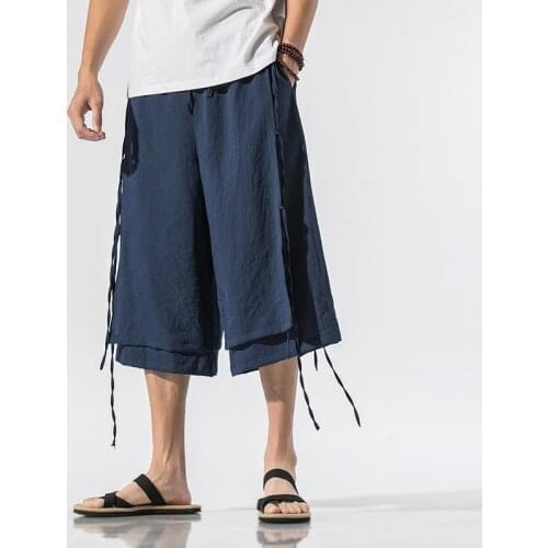 MenS Japanese Kimono Pants Summer Casual Wide-Length Pants Solid Color Male Yukata Cropped Trousers Chinese Pants Man 10893