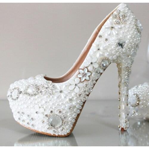 2018 Luxury High Heels Dress Shoes Fashion New Woman Platform Shoes Pearl Round Toe Bridal Wedding shoes