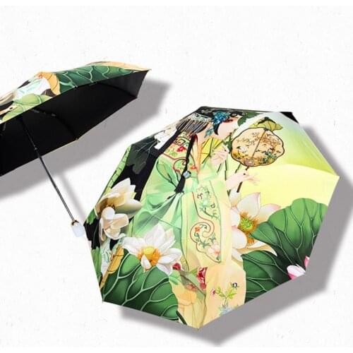 New Automatic Umbrella Rain Women Ancient Style Girl 3Folding Umbrellas Windproof Black Coating Anti UV Parasol Womens Umbrella