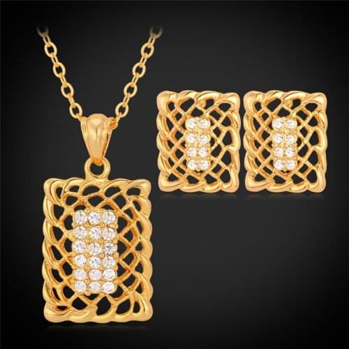 Hollow Out Vintage Style Gold Color Pendant Necklace Earrings Set For Women Rhinestone Fashion Jewelry Set PE649