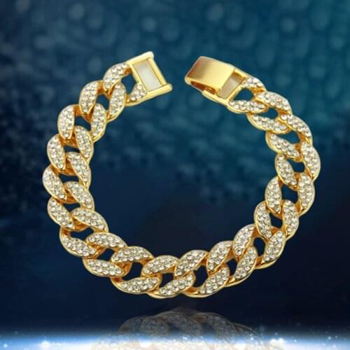 New Fashion Gold Color Rhinestone Necklace For Women Men Miami Cuban Big Hip Hop Necklace 16 Inch Jewelry