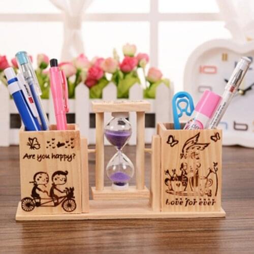 B2EF Durable Wooden Pen Holder 2 Compartments Children Stationery Holder with Lovely Mini Hourglass Desktop Decorations