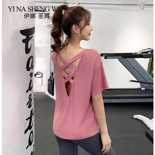 Open Back Yoga Shirts Gym Workout Short Sleeve Women Summer Quick Dry Sports T-shirts Loose Fitness Gym Jogging Sportswear Tops